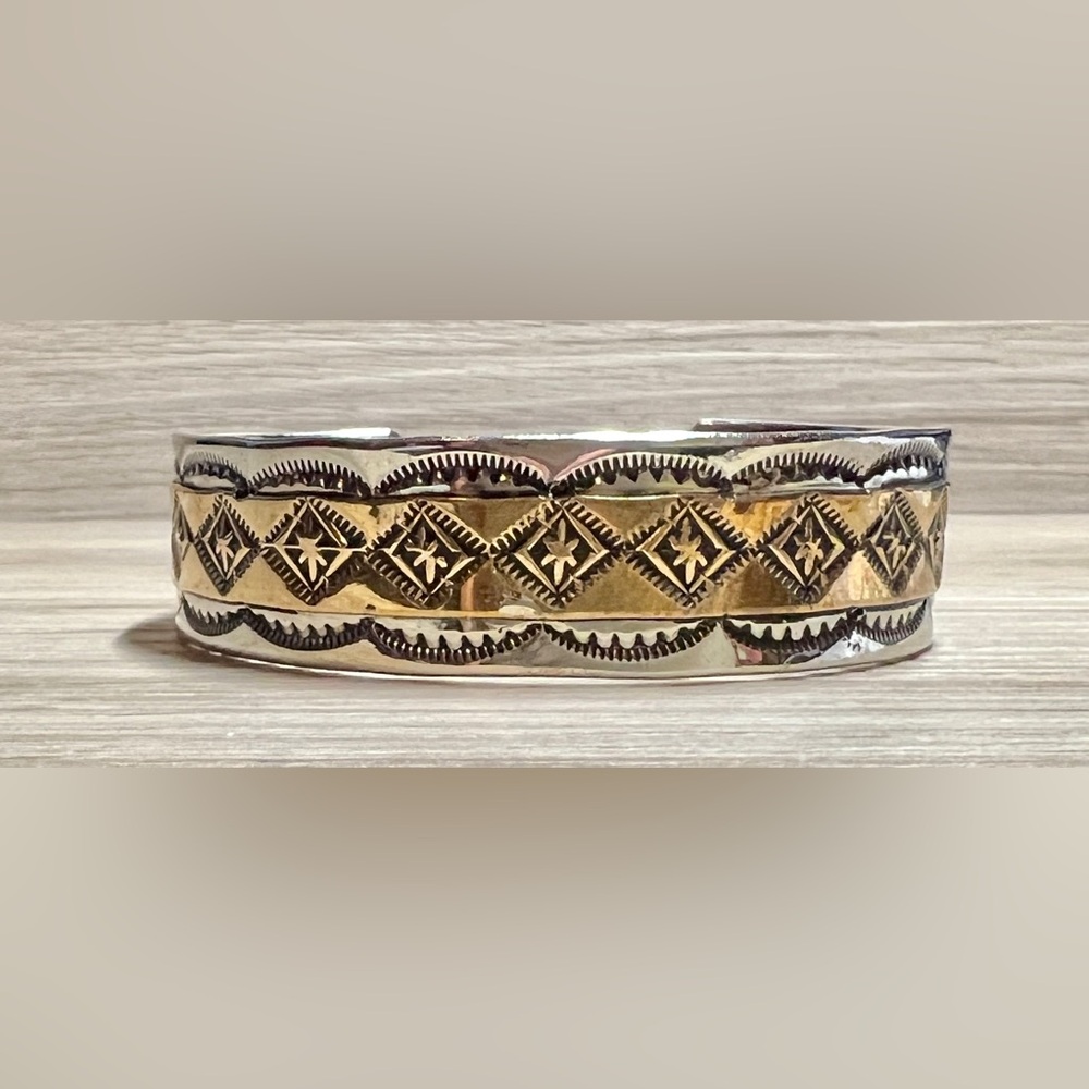 Designer Signed Native American Sterling Silver & 12K Gold Filled Cuff Bracelet